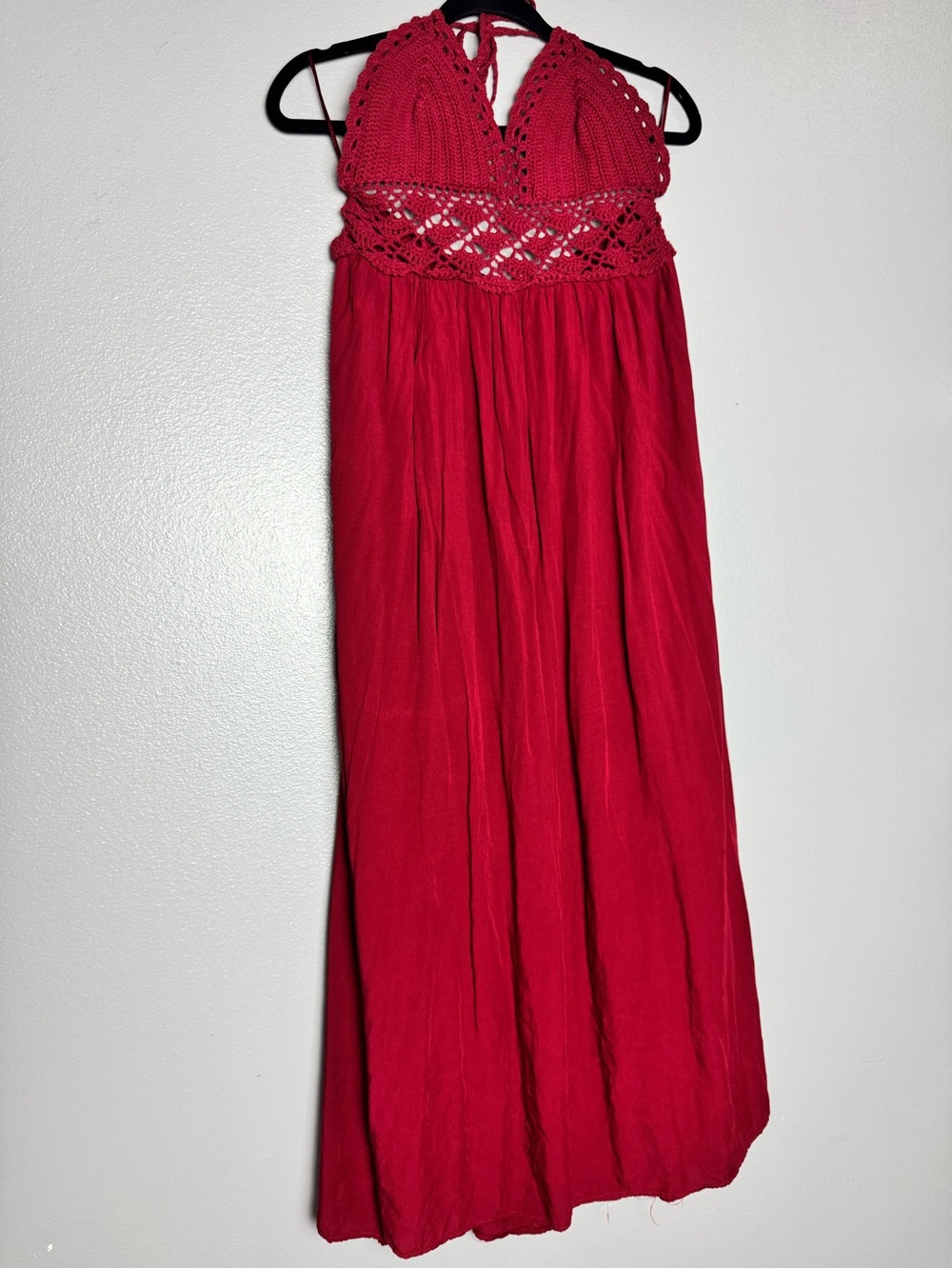 Red Crochet-Detail Maxi Dress with Halter Neck